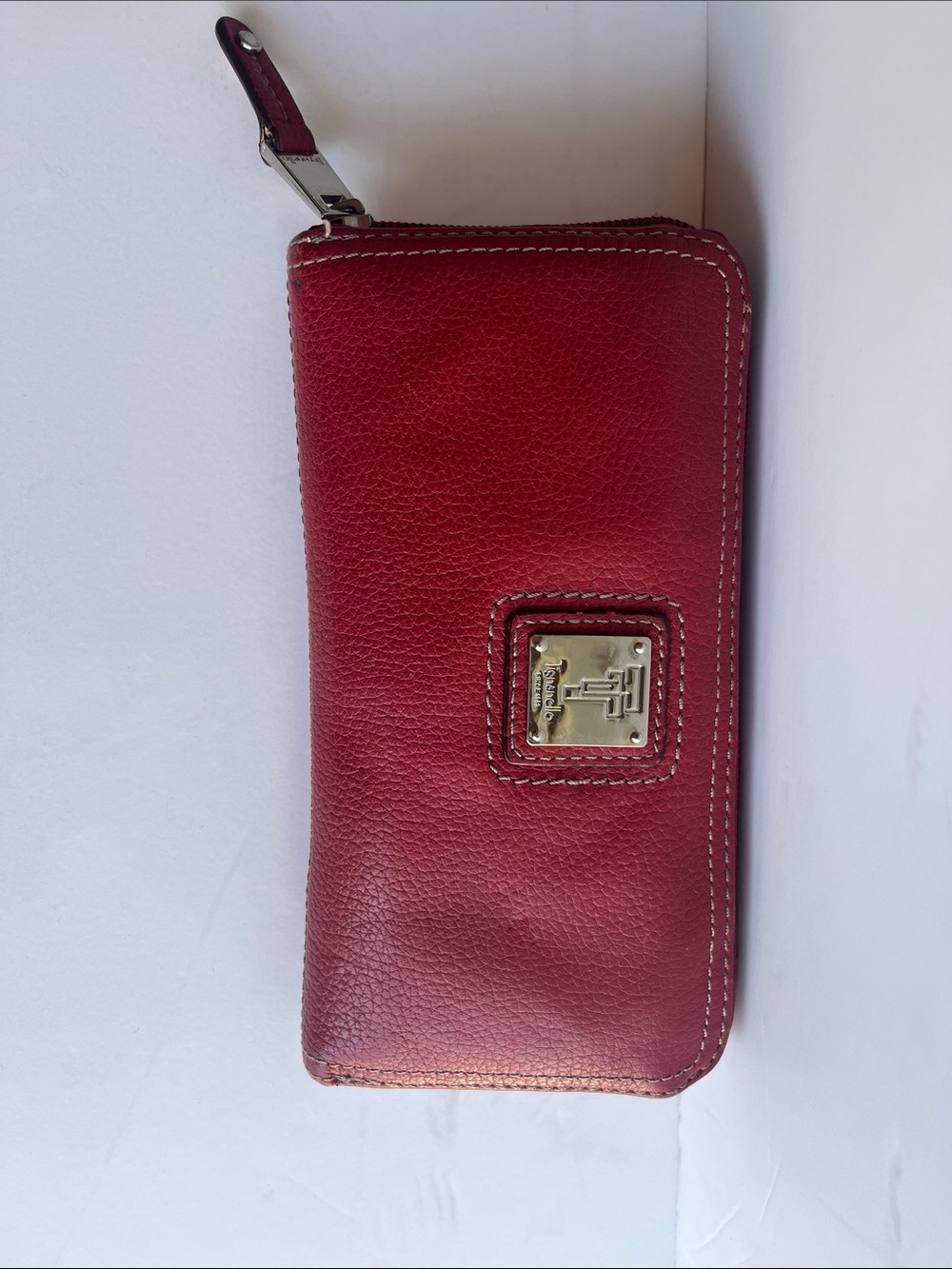 Tignanello Genuine Leather Red Zip Wallet with Metal Logo